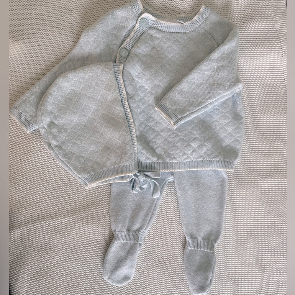Baby Blue Knit Sweater Set with Hat